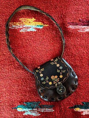 Vintage Hand Tooled Painted Flowers Brown Leather Crossbody
